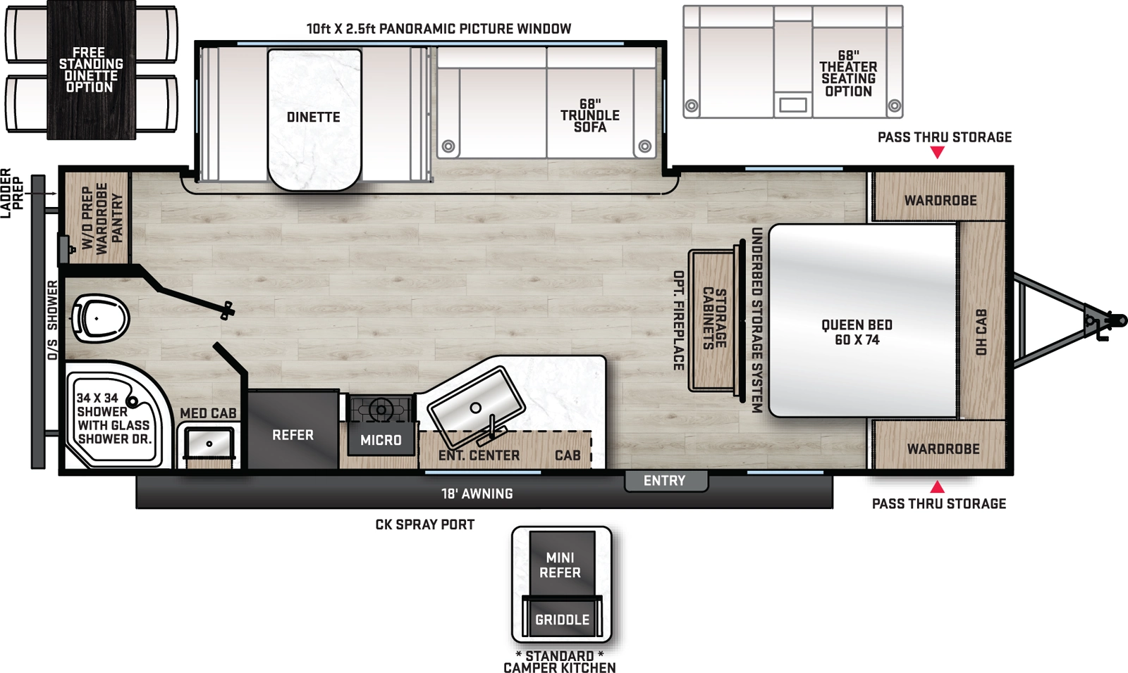 The Aurora 24RBS floorplan has one entry and one slide out. Exterior features include: metal exterior, 18' awning and outside kitchen. Interiors features include: free-standing dinette option and front bedroom.